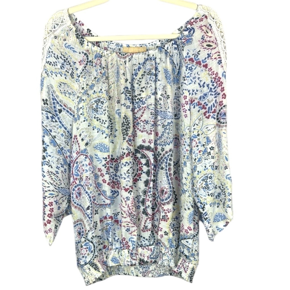 Hope & Harlow Paisley Floral Patterned Crochet Detail 3/4 Sleeve Blouse Size XL